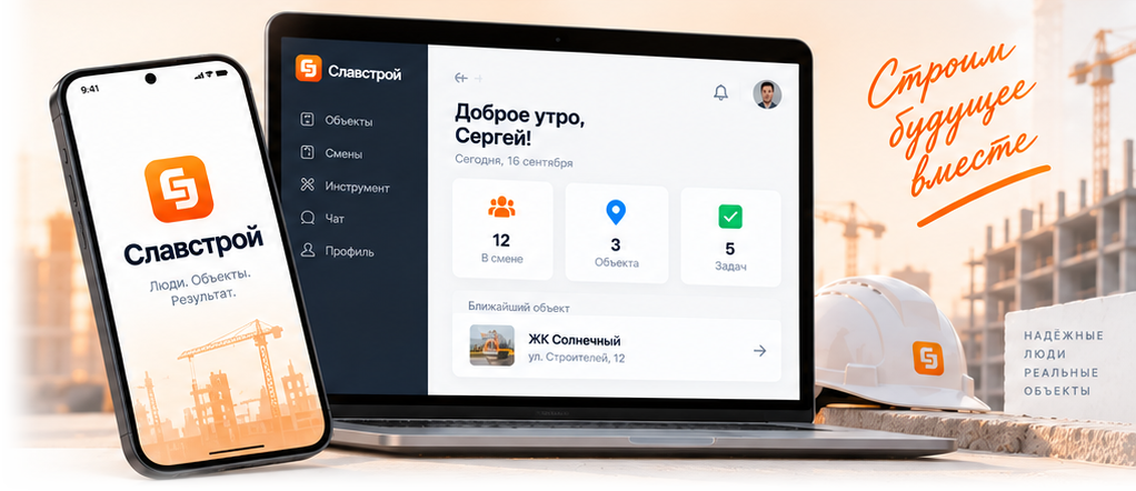 Приложение Славстрой на телефоне и ноутбуке